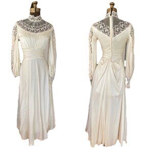 Vintage Wedding Gown Dress Cream Ivory Lace 1970s Embroidered Off White